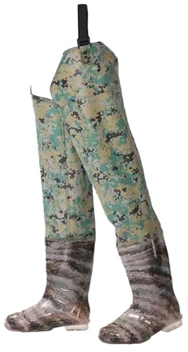 BERRIHORT Watstiefel wasserdichte Hüftwathose mit Camouflage-Muster für Damen und Herren mit Profilsohle, gestrickte Hüftwathose mit Stiefelfuß(Size:36 EU)