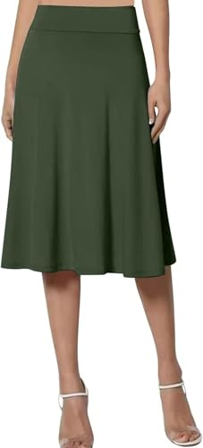 Jupe élégante taille élastique couleur unie taille haute midi pour femme Ligne A, vert, X-Large