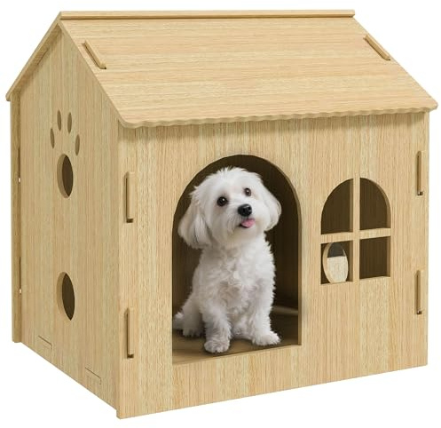 PawHut Casetta per Cani da Interni con Finestrella e Ingresso Anteriore, Casetta per il Cane in Legno, 49.5x41x51 cm, Color Rovere