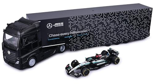 Bburago - Mercedes-AMG Semi Truck med W15 (2024) #63 Russell, Diecast-Set Skala 1:43, Detaljerad Lastbil med F1-Bil, Rekommenderad Ålder 3+ År