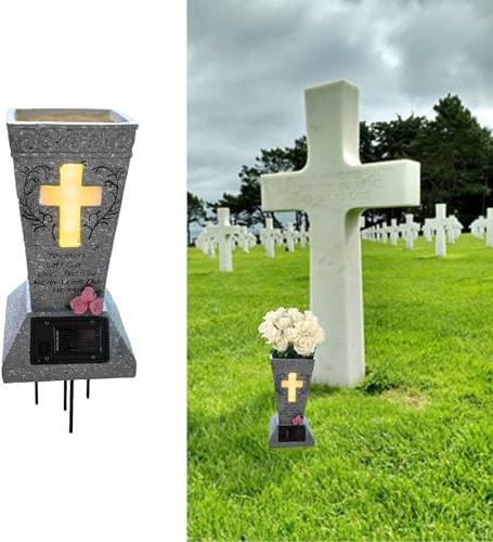 Upgraded Solar Cemetery Vase for Grave Decoration with LED - Memorial Headstones Flower Holder with Metal Spike for Loss of Loved One for Garden Fake Floral Outdoor Gravestone Condolence Grave Markers