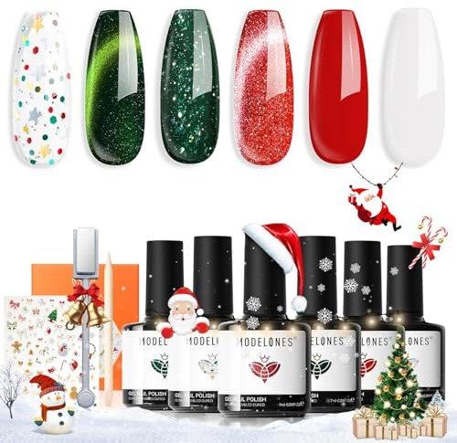 Modelones Esmaltes Semipermanentes para Uñas en Gel Navidad Rojo Verde Blanco Cat Eye 6 Colores Pintauñas Semipermanentes Uñas de Gel UV LED Soak Off Nail Polish Esmalte Uñas para Nail Art Manicura-