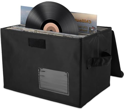 Scatola portaoggetti per dischi in vinile, 33 cm, con coperchio e manici, impilabile e pieghevole, può contenere fino a 80 dischi LP (nero)