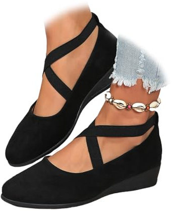 Cómodas zapatillas de mujer elásticas con tiras cruzadas, tacón de cuña, bailarina, tobillo, elásticos, correas cruzadas, punta redonda, zapatos cómodos