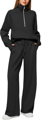 Tuta da donna, set completo da donna, due pezzi, felpa con zip a quarto e pantaloni a vita alta a gamba larga, set morbido e accogliente, set da donna da indossare tutti i giorni