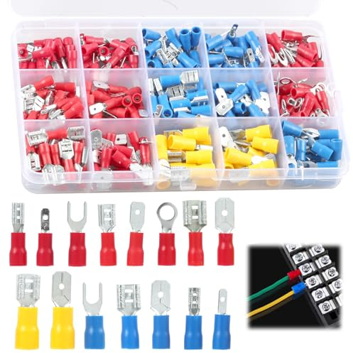 280 Juego Terminales Eléctricos, Conectores de Cable Eléctricos Aislados para Cableado Automotriz y Doméstico, Kit de Conectores Macho Hembra Anillo Horquilla y Pala con Crimpado, Fácil Caja