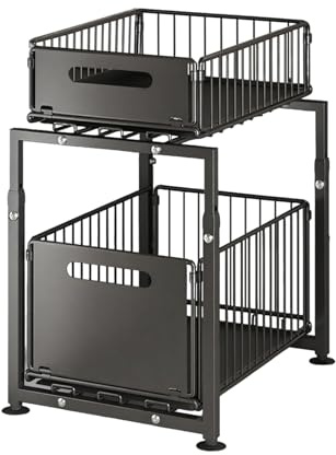 KATLKIU Set di 1 Organizer Sottolavello con Cassetti Estraibili – Scaffale da Cucina Regolabile in Altezza in Acciaio al Carbonio, Stabile e Antiscivolo, Portaoggetti per Cucina, Bagno e Dispensa