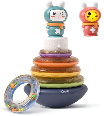 TUMAMA KIDS Juguetes de bebé con torre de apilar y música y anillos - 5 anillos de apilamiento - Juego de apilar Montessori para bebés, pirámide de tambaleo Juego de encajar desde 6 8 9 12 meses 1 2 3