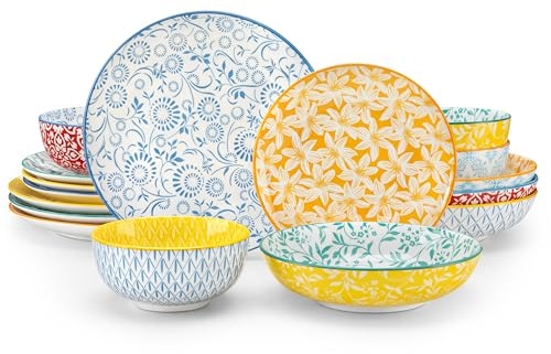 vancasso Selene Colorful Floral Dinnerware Sets for 4, 16 Pieces Porcelain Crockery Set with Dinner Plates/Dessert Plates/Pasta Bowls/Cereal Bowls, Mircowave & Dishwasher Safe, Scratch Resistant