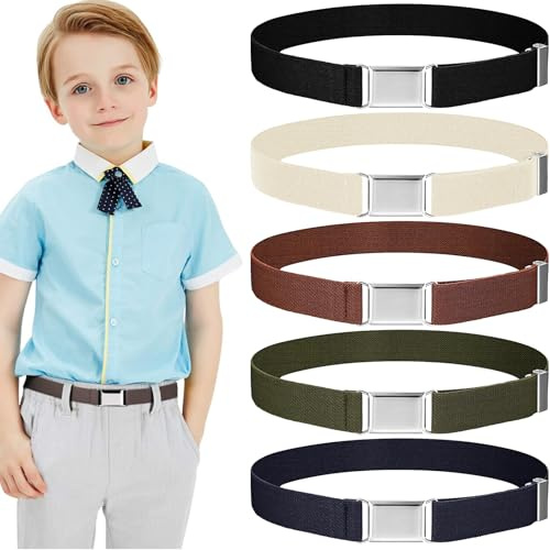 FAYAHAR 5 Piezas Cinturones para Niños, Cinturón Niños Ajustable con Hebilla Cuadrada, Elásticos, Cómodo, 5 Colores, para Vestido Pantalones Jeans (Estilo 1)