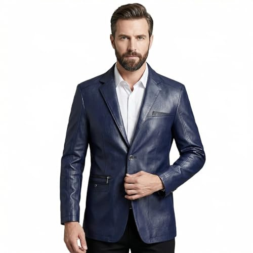 HESYSUAN Giacca da uomo in pelle, stile business casual, con risvolto in morbida pelle, vestibilità regolare, 2 bottoni con tasche, Marina Militare, XL