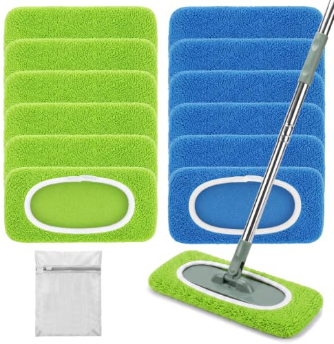 Solyxis Lote de 12 Paños Compatible con Swiffer Mopa Paños Húmedos, Reutilizables Lavables, Limpieza en Seco y Húmedo para Pisos Duros, Bolsa de Lavado Incluida, Verde + Azul