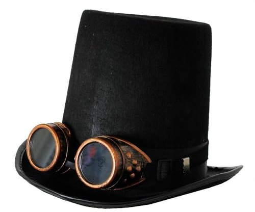 Steampunk Black Satin Bell Top Hat with Goggles - Adults Gothic Fancy Dress Victorian Accessory Festival Halloween - Bronze
