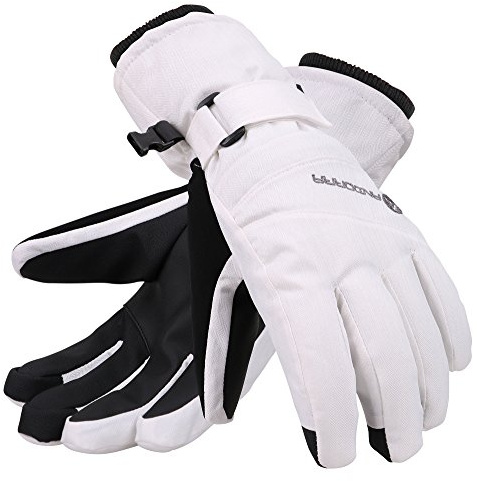 ANDORRA Women Snow Gloves Waterproof Zipper Pocket Ski Glove, White, M
