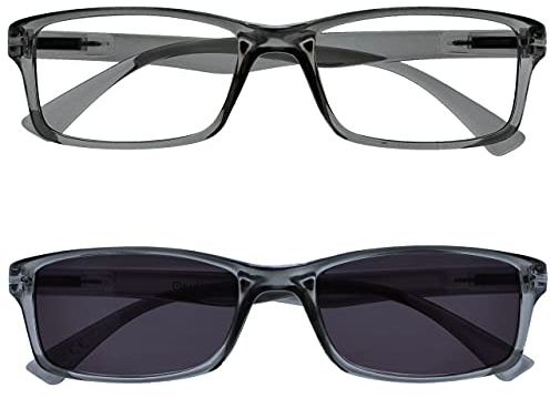 Läsglasögon svarta läsglasögon med UV400 solläsare värde dubbelt set designer stil herr/dam, grå, +2,00 Grossissement