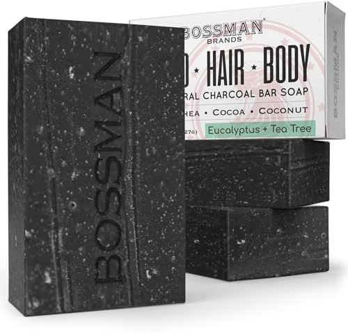 Bossman 3-Pack 4-in-1 Charcoal Soap Bar (4 oz) – Bar Soap for Men – All-Natural Beard Wash, Shampoo, Body Wash & Shaving Solution – Eucalyptus & Tea Tree Scent