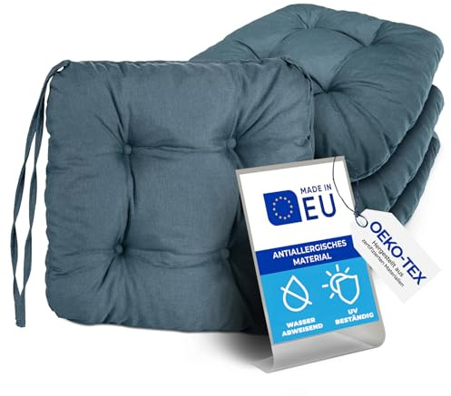Pillows24 – 4X Sitzkissen Outdoor 40x40 – Extra Dicke 8cm – Wasser- & UV-beständig + Bändern | Bequeme Stuhlkissen, Stuhlauflage Sitzpolster, Sitzauflage Gartenstuhl | Sitzkissen Stuhl (türkis)
