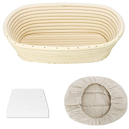 Clheatky Cestino per Lievitazione del Pane 25cm, Fermentazione Ovale Cestino con Rattan e Fodera di Lino Raschietto per Pasta Lame, Cesto per la Lievitazione 100% Rattan Naturale