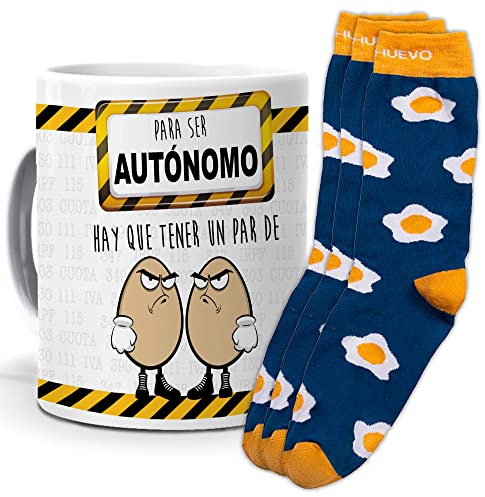 mundohuevo Taza y trio de calcetines, originales y personalizados. Para ser autonomo hay que tener un par de huevos. 1 calcetin gratis por el que se te pierde