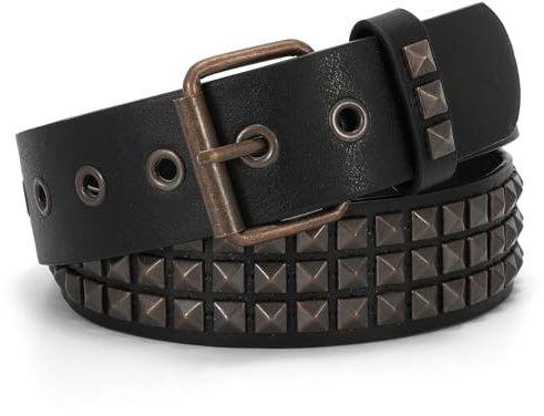 WHIPPY Studded Belt for Women Men Metal Punk Rock Rivet Belt with Bright Pyramid Studs for Jeans Pants, Gold Black, Fit waist size 31-36