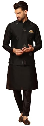 KISAH Men's Black Cotton Kurta, Embroidered Nehru Jacket & Pajama Set – Indian Ethnic Kurta Pyjama Set for Weddings & Festive Occasions
