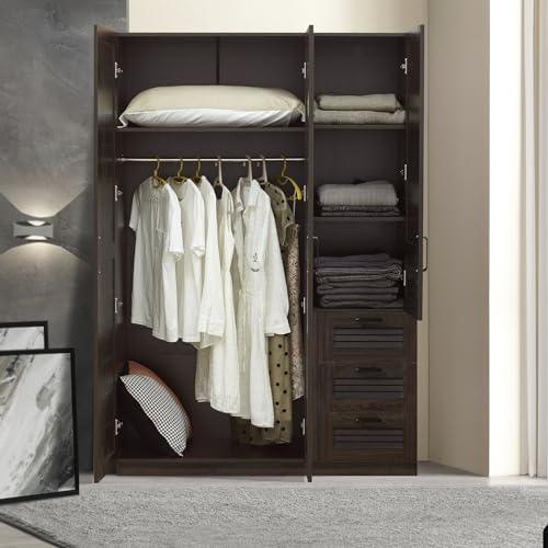 [en.casa] Armadio Guardaroba per Camera da Letto Armadio Chiuso con Ante a Persiana Scomparti Cassettiera Asta Appendiabiti 176 x 120 x 52 cm MDF Effetto Noce Scuro
