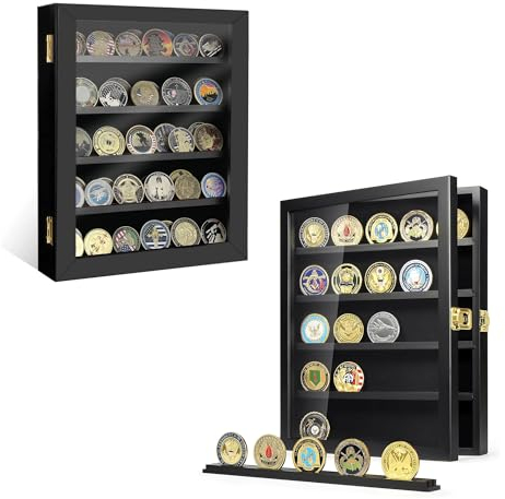 Generisch Münzvitrine, Münzhalter-Display, Militär-Münzhalter-Display, Münzdisplay aus Holz Wandmontage mit abnehmbaren Regalen, Shadow Box für Medaillen Pin Abzeichen Buttons, Poker-Chip