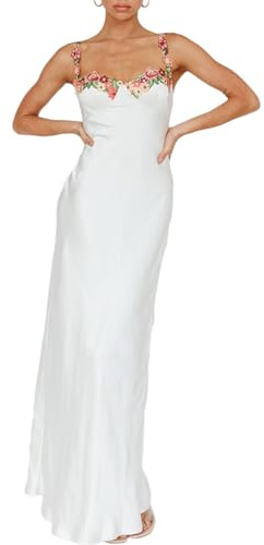 Sexy Satin Spaghetti Strap Floral Embroidered Maxi Dress for Women Sweetheart Neckline Backless Sleeveless Slit Midi Dress White
