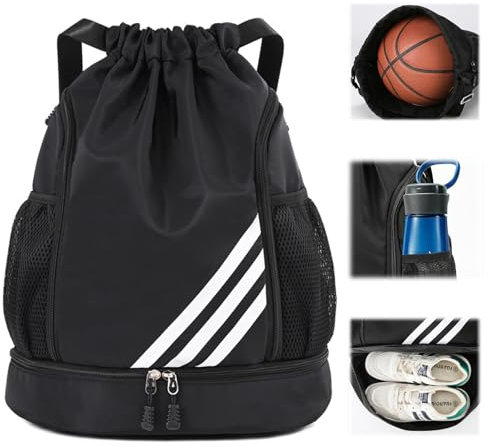 mellystore Drawstring Gym Bag, Waterproof Drawstring Bag with Shoe Compartment, Sports Backpack, Large Capacity Gym Backpack, Unisex Pe Bag For Sports School Beach Holidays Swimming Travel (Black)