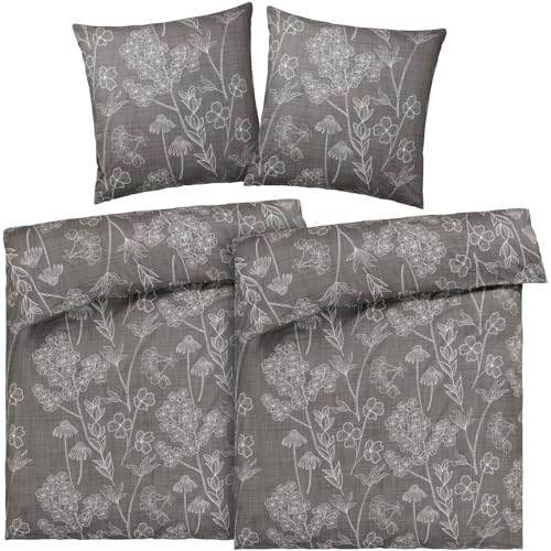 Pure Label Blumen Bettwäsche 4teilig 135x200 cm mit einem 2er Set Kissenbezüge 80x80 cm - Traumhaft weiches Bettwäsche-Sets 135 x 200 cm in Taupe aus 100% Baumwolle mit YKK Reißverschluss