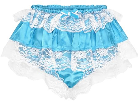 Satini Frilly Lace Sissy Ruffled French Knickers Briefs Lingerie Silky Satin Underwear Panties (Aqua Blue, L)