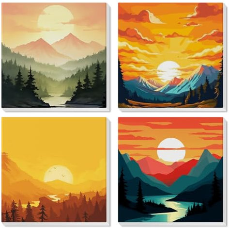 GHHKUD Paint by Numbers Kits for Adults Beginners, 4 Pack Sunset Mountain Landscapes Painting by Numbers Canvas Kit for Kid, Acrylic Colourful Paint by Numbers with Wooden Framed Canvas, 8x8inch