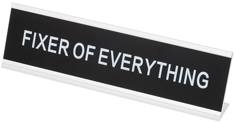 PATIKIL Funny Nameplate, 8x2 Novelty Desk Sign Plaque Aluminum Desk Name Plate with Base for Office, Silver White (Fixer Of Everything)