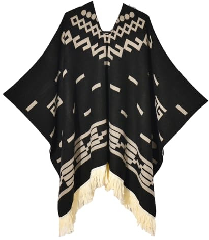 Iris Sprite Women's Pullover Poncho Ethnic Style Poncho for Women Tassels Knitted Shawls and Wraps Capes (UK, Alpha, One Size, Regular, Regular, Denim Black)