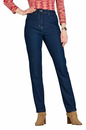 Amber Ladies Smart Stretch Jeans with Slant Pockets, Button Tab Detail, Elasticated Waist (Size 10-20, Leg 25 or 27) Indigo