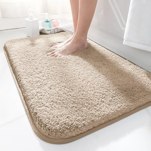LUOJINYI Tappetino da bagno, 50 x 80 cm, antiscivolo, morbido assorbente, tappeto in microfibra shaggy a pelo alto per bagno, lavabile in lavatrice per vasca, doccia e bagno (Cammello)