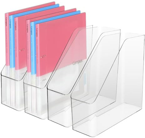 IBEQUEM 4 Stück klar Acryl Magazin Dateihalter, Kunststoff vertikale Datei Ordner Lagerung Magazin Rack Bin, Acryl Magazinhalter, Schreibtisch Dokument Sorter Organisator für Home Office Work Desktop