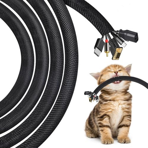 3 Mètres Manchon de Cache Câble, 10mm Gaines de Câbles, Empêche Les Animaux Domestiques de Mâcher Les Câbles, Textile Flexible Goulotte de Câble à Fermeture Automatique pour Bureau, Noir