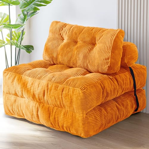MAXYOYO Vikbar bäddsoffa, konvertibel sovstol med kudde, madrass med ryggstöd, bärbar stol-säng-bekväm golvsoffa, lounge för vardagsrum, sovrum, orange