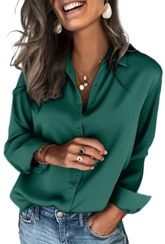 Zeagoo Chemises en Satin pour Femme à Manches Longues Soie Boutons Solide Chemisier Élégante col en V Blouse Ample Fluide Hauts Décontracté Affaires Shirts Vert foncé L