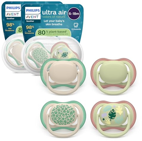 Philips Avent Sucettes ultra air - Tétines orthodontiques, pour bébés de 6 à 18 mois, en silicone souple d'origine végétale, sans BPA, avec 2 étuis de stérilisation, lot de 4, SCF087/26