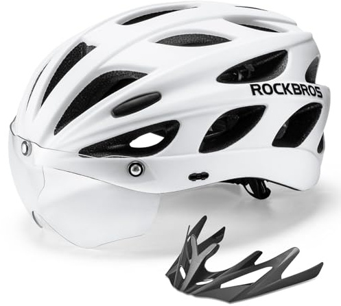 ROCKBROS Casco Bici da Ciclismo Certificato CE, Casco con Visiera Staccabile Lenti Fotocromatiche Magnetici per MTB Bicicletta Adulto Uomo Donna Protezione, Circonferenza Regolabile 58-61cm, L, Bianco