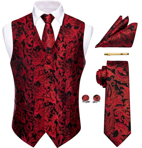 YourTies Herrenweste aus Seide mit Jacquard-Blumen-Paisley-Muster, Einstecktuch, Krawattentasche, Manschettenknöpfe, Krawattenklammer, Hochzeit, formell, schwarz / rot, XL