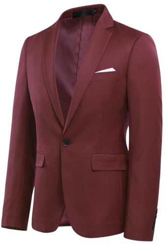 YFFUSHI Blazers de Hombre Chaqueta de Traje Casual Corte Regular 1 Botón Formal Negocios Boda Traje, Burdeos, S
