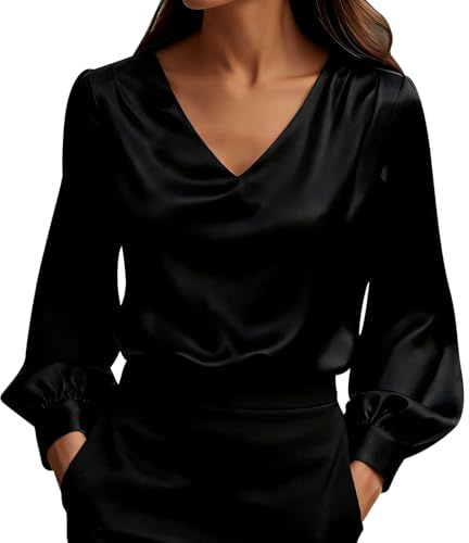 Blusa de mujer Camisa elegante blusa francesa de satén con mangas abullonadas y cuello en V para un estilo refinado atemporal, Negro , S