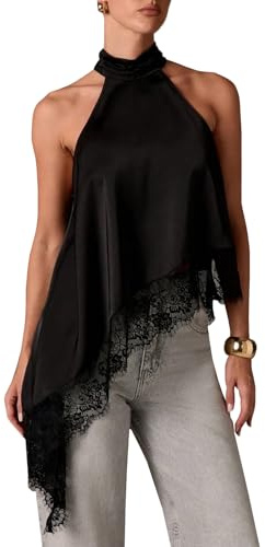 Betrodi Women Satin Halter Tank Top Mock Neck Lace Asymmetrical Top Silk High Neck Sleeveless Going Out Tops