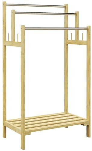 HOMCOM Toallero de Pie de Bambú, Toallero Escalera de Baño con 3 Barras de Acero Inoxidable, Estante Abierto, 4 Ganchos, Estilo Moderno, 50,5x31x90 cm, Natural
