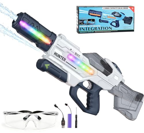 Beeoecm Pistolet a Eau Electrique, 1000 ML Pistolet à Eau Automatique Rechargeable avec Lumières LED, Lunettes de Protection et Fonction de Remplissage Automatique pour Plage et Piscine (Blanc)