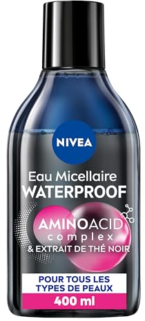 NIVEA - Eau Micellaire Waterproof - Visage, Yeux, Lèvres - Nettoie Les Pores & Démaquille - Doux Pour Les Cils - Micelles, Acide Aminé & Extraits De Thé Noir - Vegan - Tous Types De Peaux - 400 ml