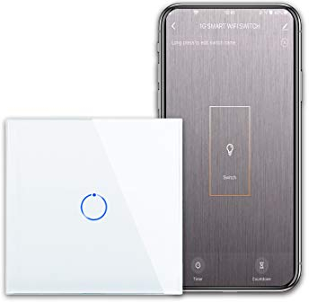 CNBINGO WiFi Smart Light Switch Work with Alexa, Google Assistant, Multi-Way Control by Smart Life App, Single Touch Light Switch, White Glass Panel, LED Backlight, 1-Gang, Neutral Wire Required